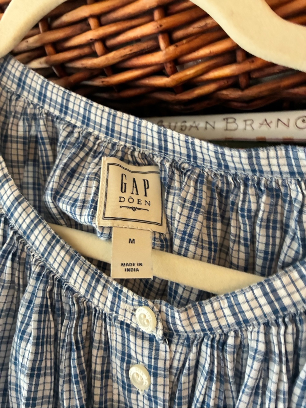 GAP x DOEN Blue Plaid Button-Front Puff Sleeve Top - Picture 2 of 3